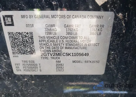 2019 GMC Sierra 1500 Limited Sle z USA, uszkodzony, nr VIN 2GTV2MEC5K1105649